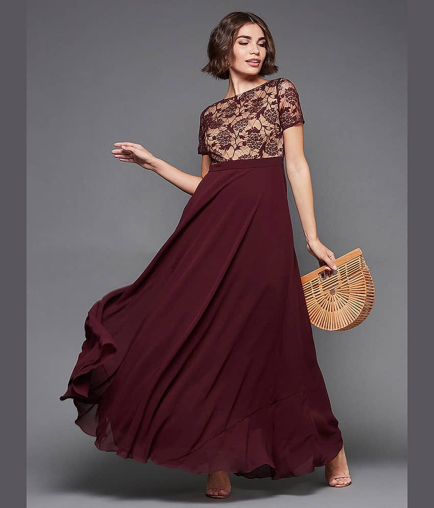 Miss Chase Women Polyester Printed Fit & Flare Dress ( Wine )