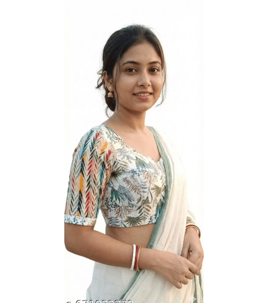 White Cotton Printed V Neck Elbow Sleeve Tie-Up Back Blouse for Women