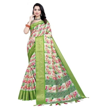 Women's Cotton Silk Floral Printed Saree With Unstitched Blouse 5.5Mtr (Green-White)-PID66674 Women's Cotton Silk Floral Printed Saree With Unstitched Blouse 5.5Mtr (Green-White)-PID66674