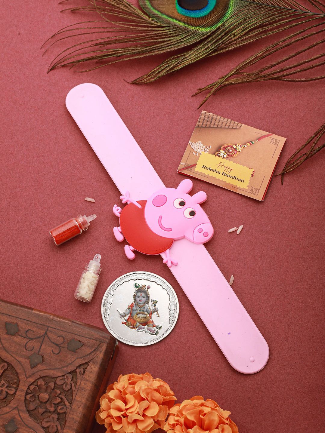 Peppa  Pig Wrist Slap Band Kids Toy  Rakhi With Roli Chawal with 999 Silver Bal Krishna 10gm Silver Coin