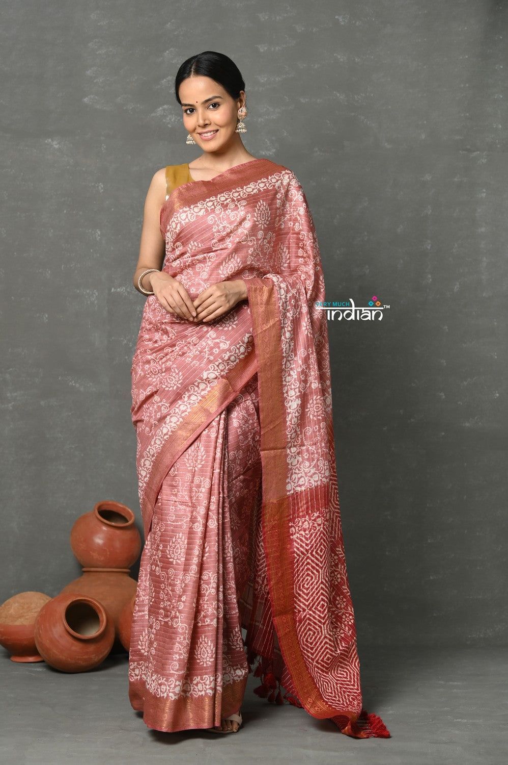 Tyohaar ~ Designer! Cotton Viscose Hand Block Saree With Sleek Border - Peachy Rust