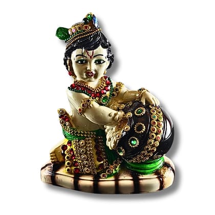 Bal Gopal Makhan Nandlala Idol – 18 x 10 cm Handcrafted Krishna Murti with Butter Pot for Home Mandir, Décor &amp; Divine Gifting | Saadhya Decors