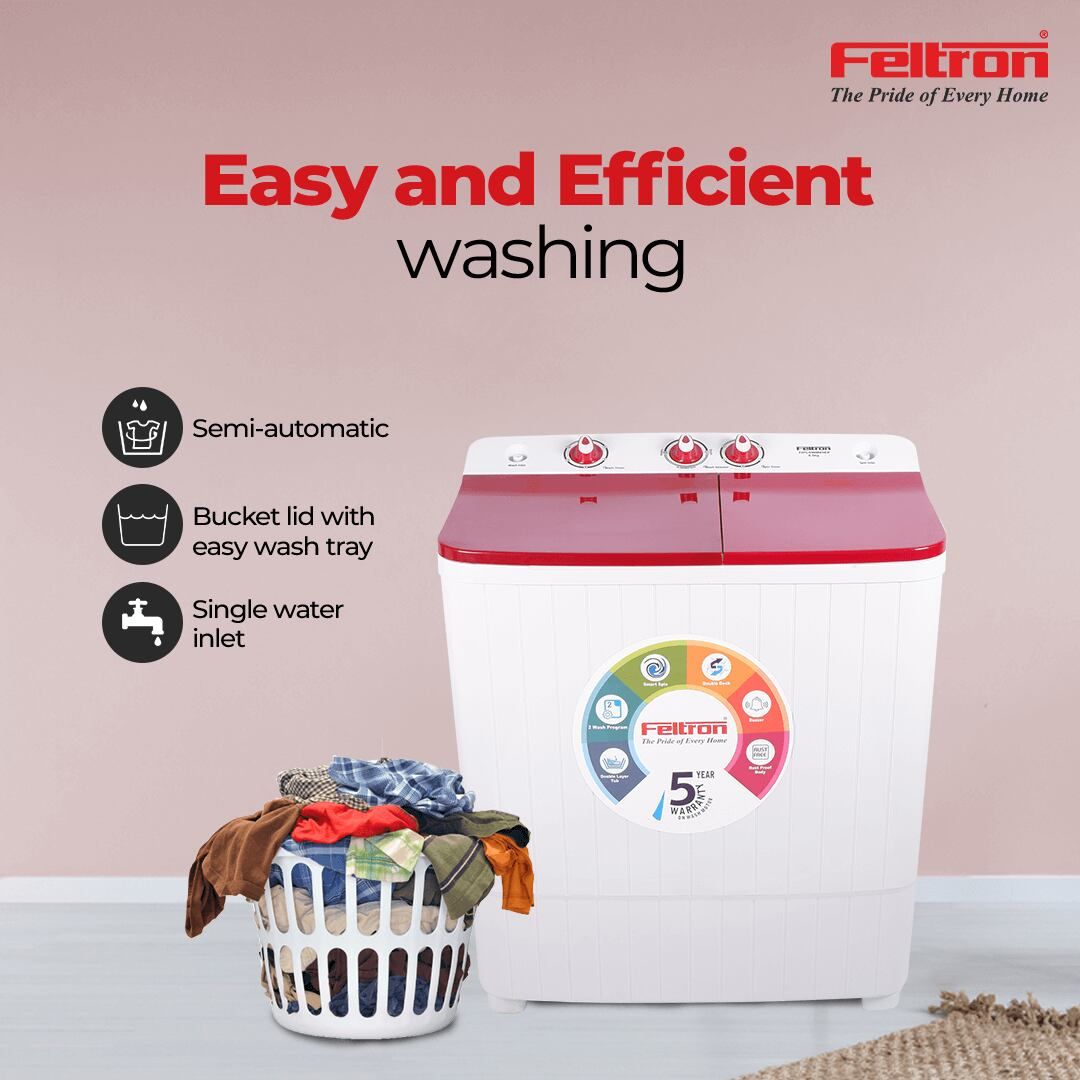 Feltron 6.5 Kg Semi Automatic Top Load Washing Machine White, Red Plastic Lid