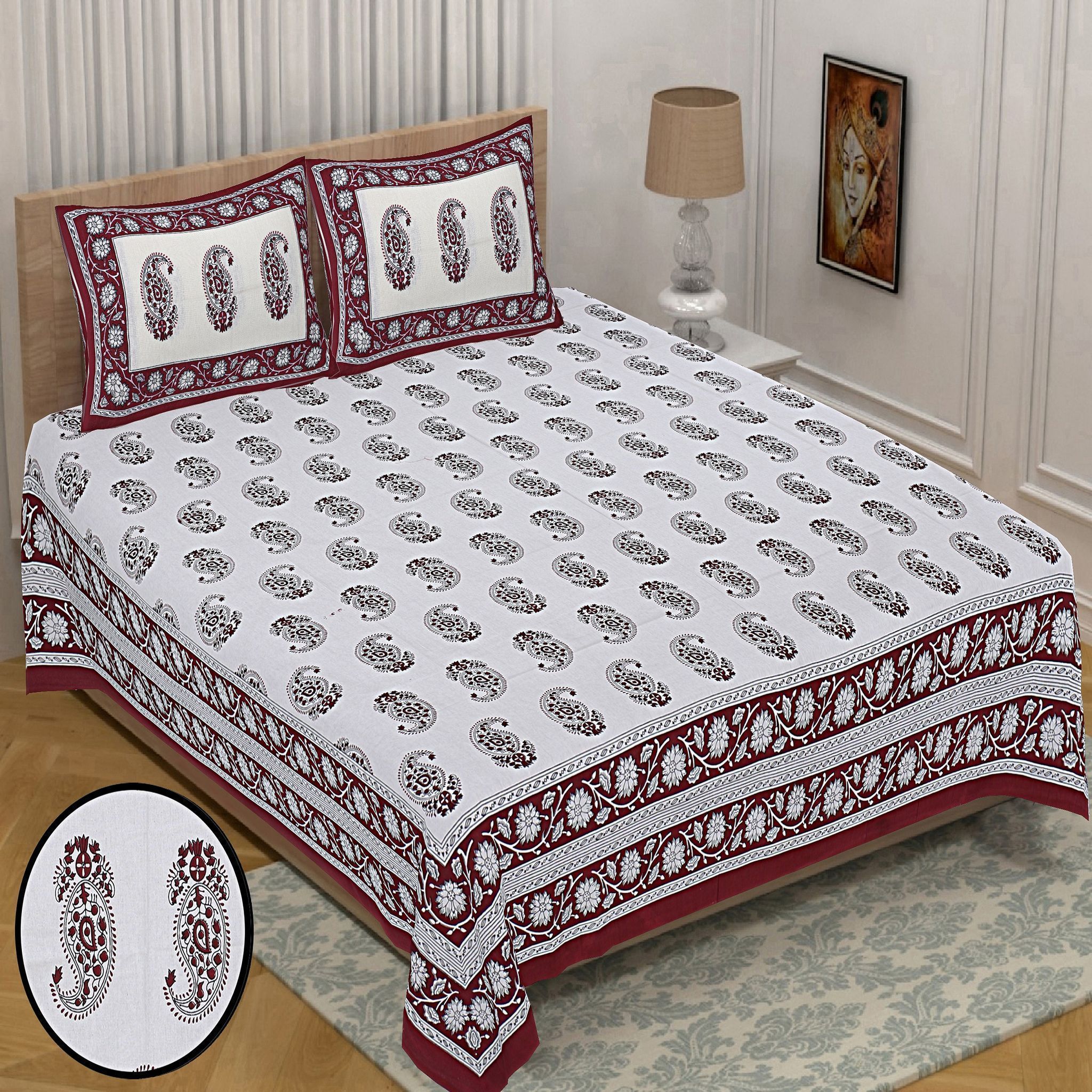 3001-Hometrade India-Standard King Size (90*108 Inches)-Pure Cotton Jaipuri Double Bedsheet With Matching Pillow Cover