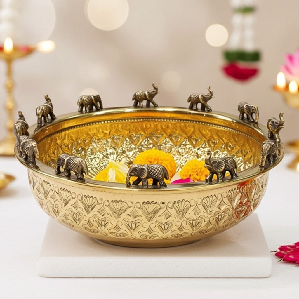 Brass Decorative Elephant Urli Bowl � Premium Craft Design, Diameter : 12 Inch (ATMAS072 E)