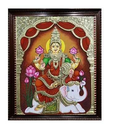 Goddess Gajalakshmi Traditional Tanjore Painting By Authentic Handcrafted Method (Size 18x14)