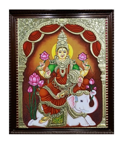 Goddess Gajalakshmi Traditional Tanjore Painting By Authentic Handcrafted Method (Size 18x14)