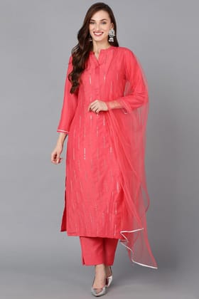 Coral Silk Blend Embroidered Kurta Pant With Dupatta PKSKD1785