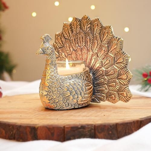 Metal Dancing Peacock with Scented Glass Votive Candle, Golden