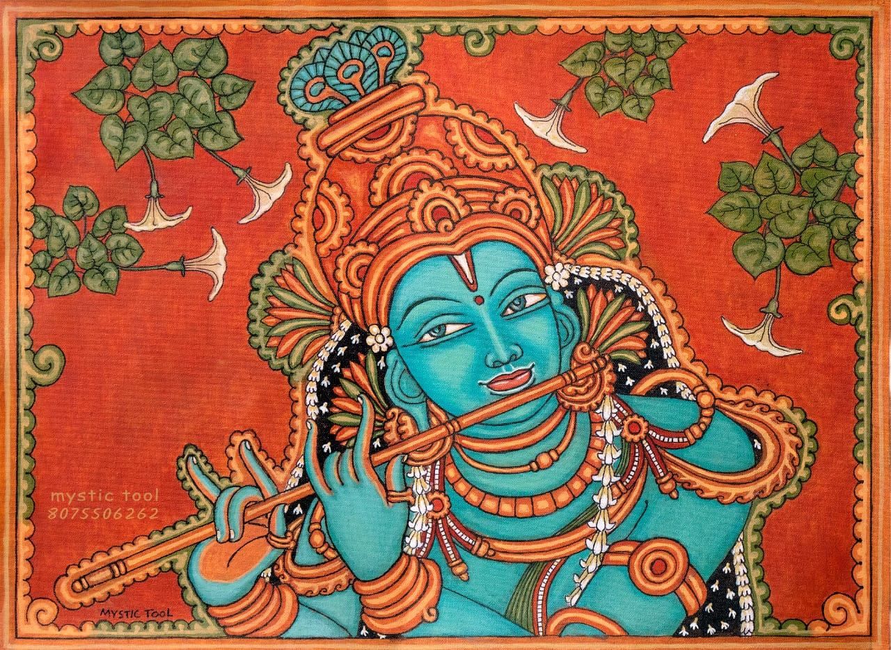Divine Lord Krishna Acrylic Painting on Canvas - Spiritual Wall Art with Flute-Playing Pose and Delicate Floral Motifs - Ideal for Home Decor and Gifts - 1.5x2.5 Feet