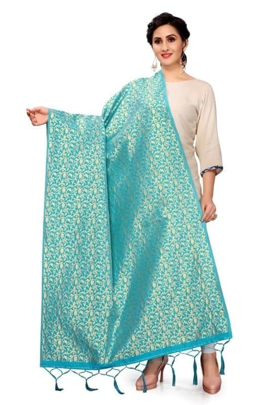 Women's Silk Pure weaving Work Duppatta (Light Blue, Leangth: 2-2.3 Mtrs)-PID44955