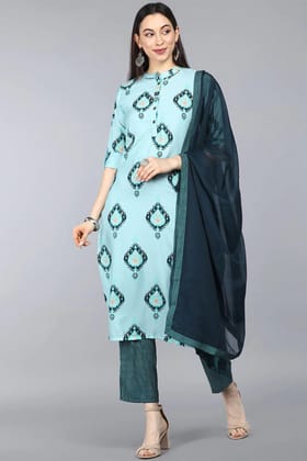 Turquoise Blue Poly Crepe Ethnic Motifs Straight Suit Set PKSKD1092