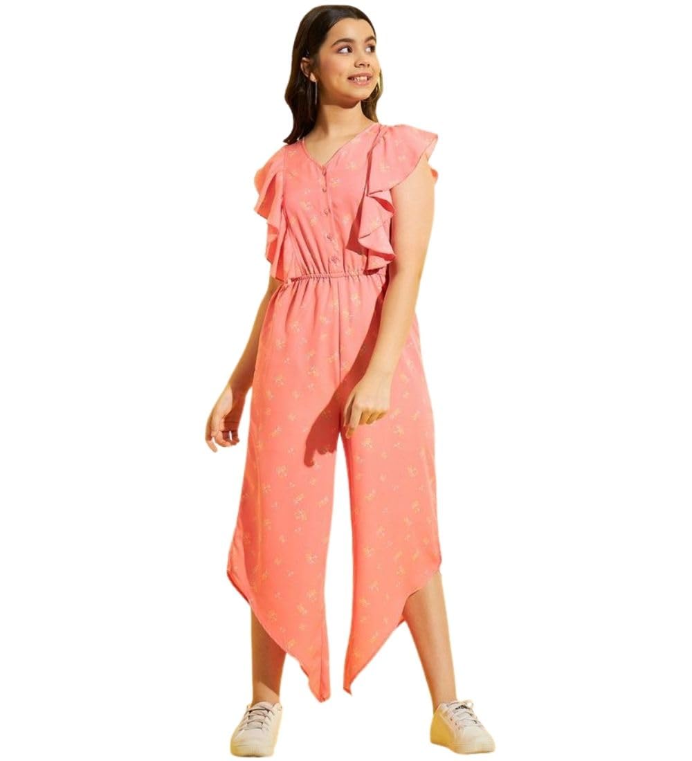 Girl's Polyester Floral Sleeveless Jumpsuit