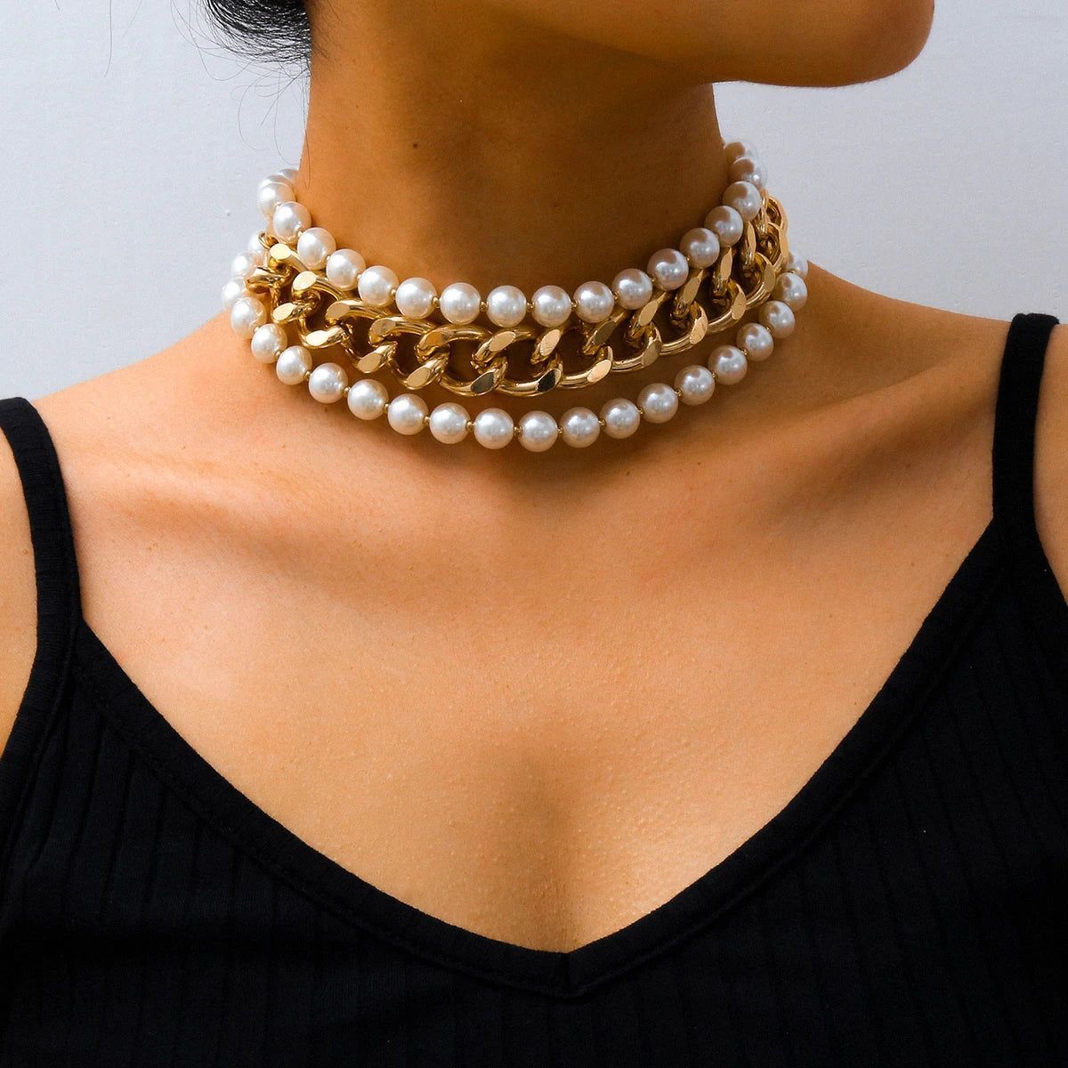 SHIXIN 3pcs/Set Simulated Pearl Beaded Necklace Designs Queen Gold Color Curb Chunky Chain Necklace for Women Wedding Jewelry
