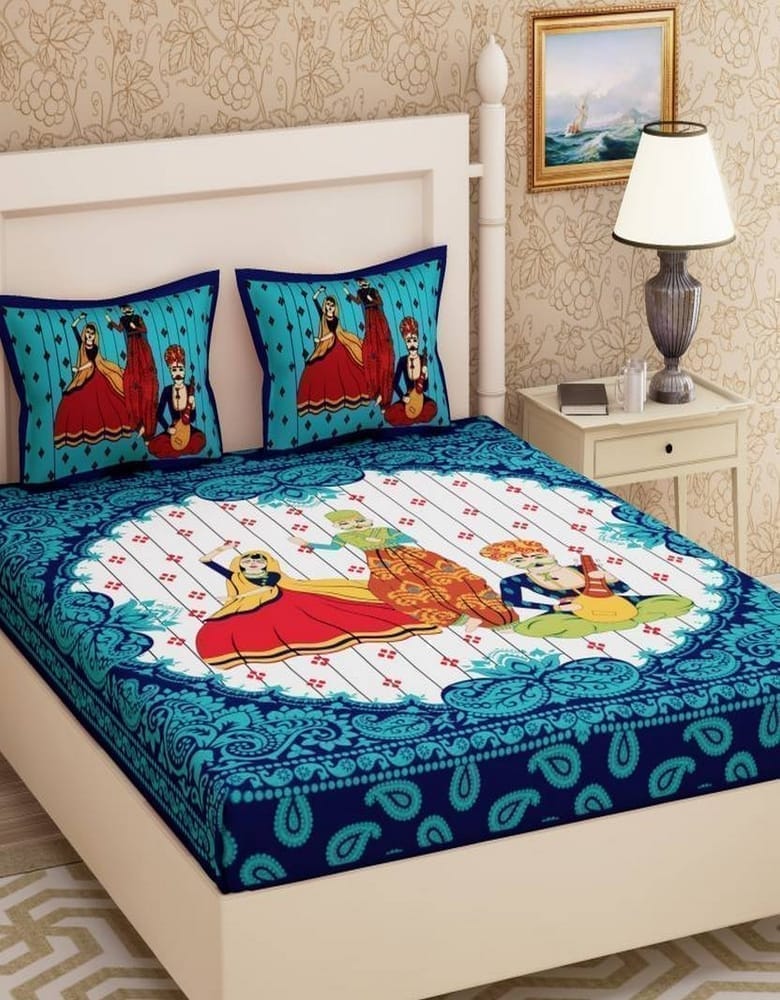 3001-Hometrade India-Standard King Size (90*108 Inches)-Buy Pure Cotton Jaipuri Printed Flat King Size Double Bedsheet With 2 Matching Pillow Cover