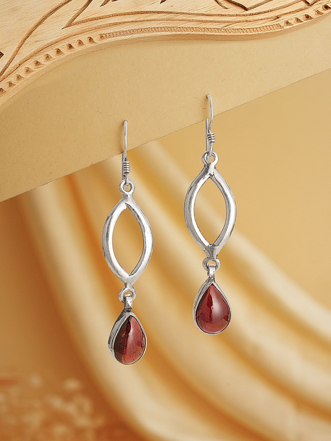 925 Sterling Silver Garnet Gemstone Studded Halo Drop Minimal Dangler Earrings