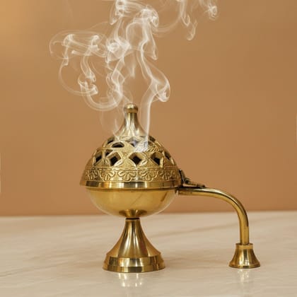 Brass Bakhoor / Dhuna / Lobaan Dan Smoke Burner | Arabic Incense Holder For Home & Temple, Height : 5.5 Inch (ZMAS545 O)
