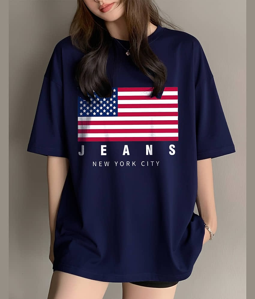AUSK Women Cotton Blend Printed Loose Round Neck T-Shirt ( Blue )