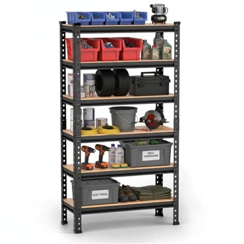6 Tier Storage Rack – Boltless Metal Shelving Unit with Adjustable Shelves, Powder Coated Steel Frame, MDF