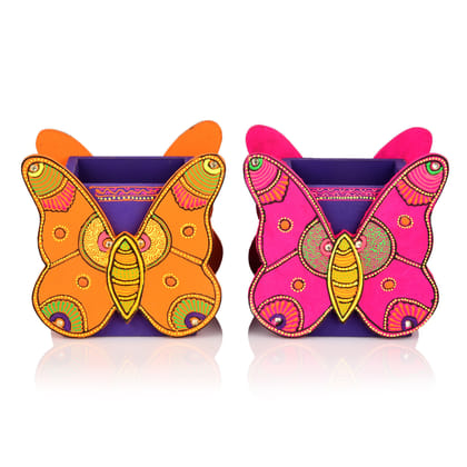 DECOREER Butterfly Wooden Pen Stand Set of 2