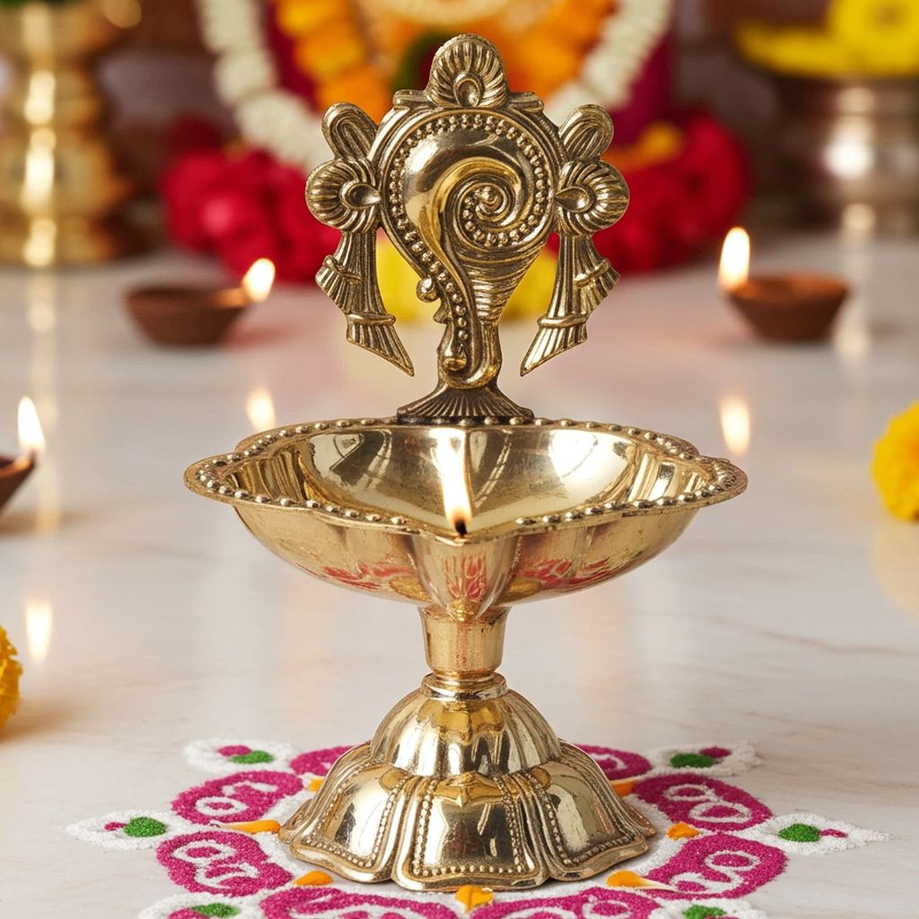 Brass Table Decor Oil Lamp, Shankh Deepak  - Conch Design Brass Oil Lamp for Puja, Height : 3.5 Inch (FMAS776 C)