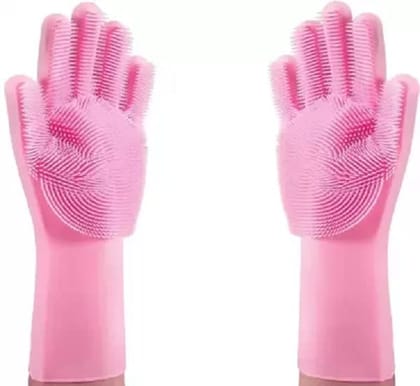 Elecsera Magic Silicone Scrub Cleaning Hand Gloves for Dish Washing, Car Washing, Bathroom and Pet Grooming, Latex Free (Multicolour - Pack 1 Pair)