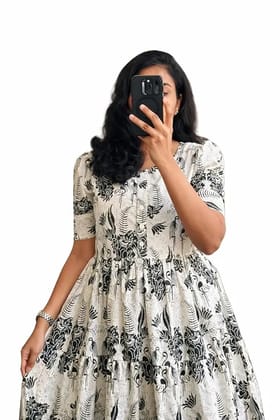 Rayon A-Line Midi Dress, Floral Print, Short Sleeves