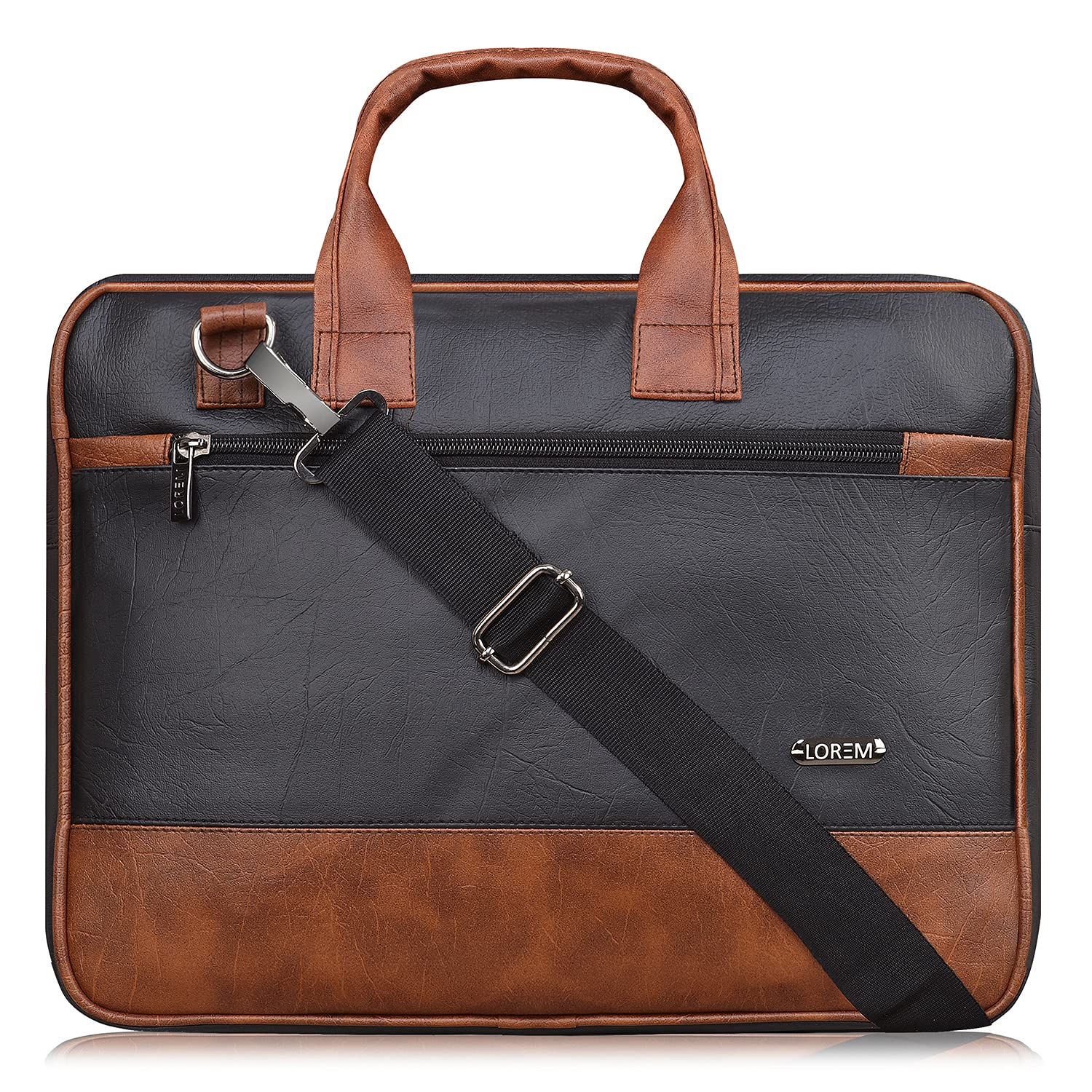 LOREM Black & Tan Color Faux Leather 10L Laptop Messenger Bag For Men & Women BG32