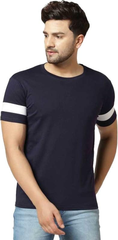 Men's Casual Colorblock Cotton Blend Round Neck T-Shirt (Blue, XL)-PID47788