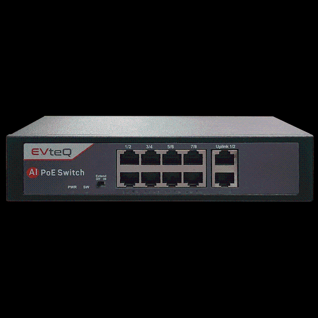 EVTEQ EV08F2GE 8 Port 10/100 Mbps PoE Switch, 2 Gigabit Uplink Ports, IEEE 802.3af/at, Plug & Play, Metal Body