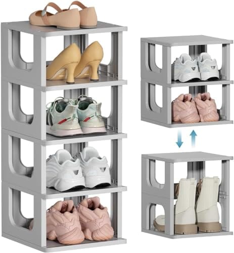 Mechdel Plastic Shoe Organizer Rack, 5 Tier Vertical Narrow Shelves, for Small Spaces, Closet, Black,