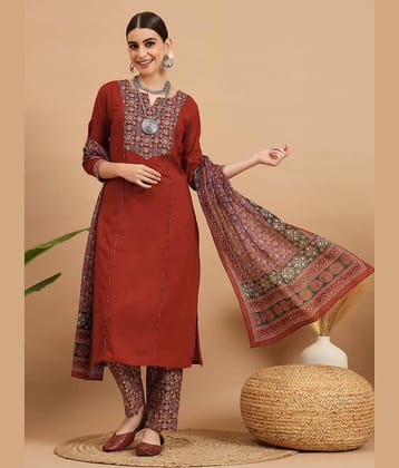 Vbuyz Cotton Printed Kurti With Pants Women's Stitched Salwar Suit - Maroon ( Pack of 1 )