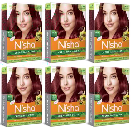 Nisha Creme Hair Color Burgundy 40gm Pack of 6, Permanent Hair Color for Women Men, No Ammonia, 100% Grey Coverage