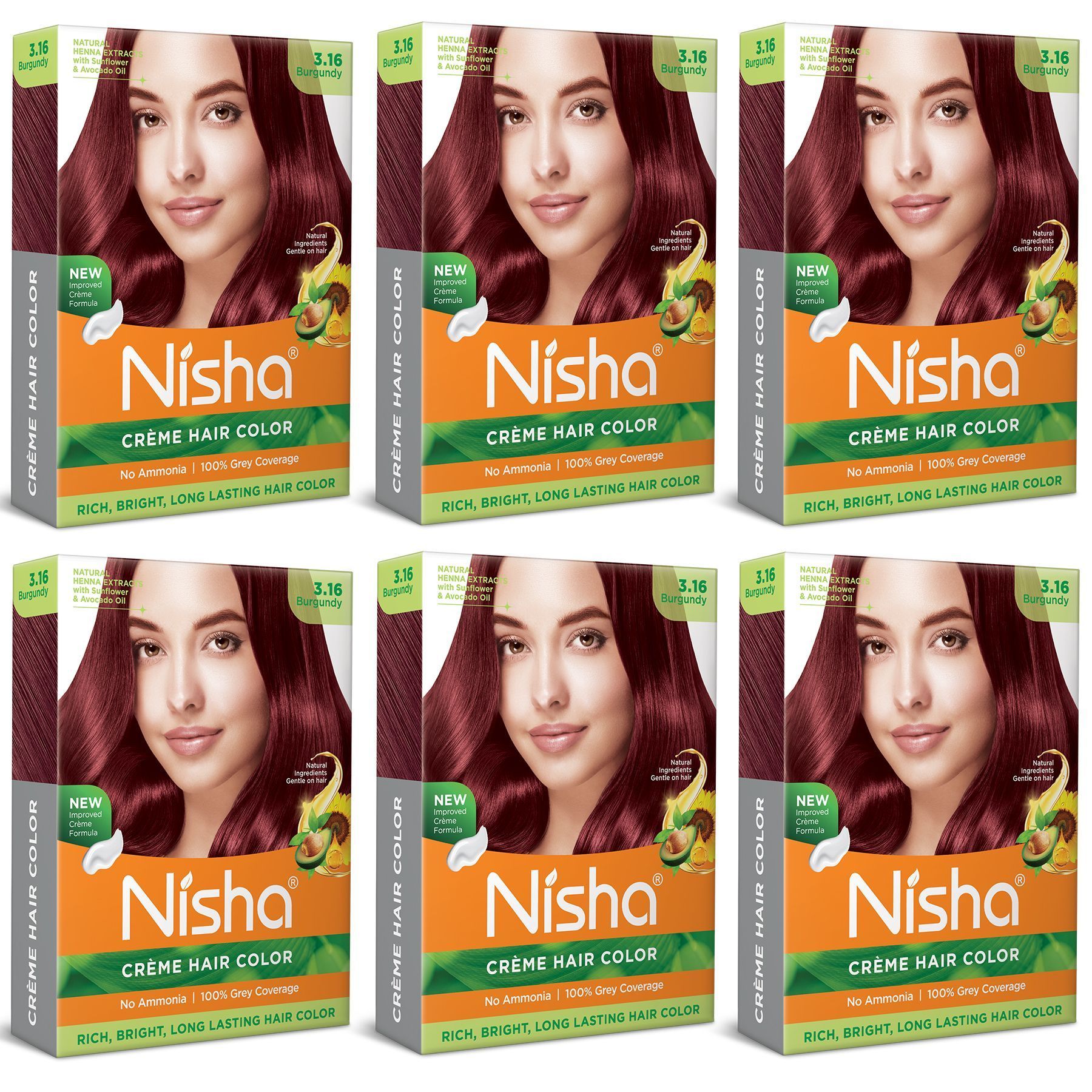 Nisha Creme Hair Color Burgundy 40gm Pack of 6, Permanent Hair Color for Women Men, No Ammonia, 100% Grey Coverage