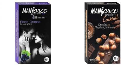 MANFORCE 3 in 1 (Ribbed Contour Dotted) Wild Black Grapes Flavoured Condoms- 10 Pieces & Cocktail Condoms with Dotted-Rings Hazelnut & Chocolate Flavoured- 10 Pieces Condom (Set of 2 20 Sheets)