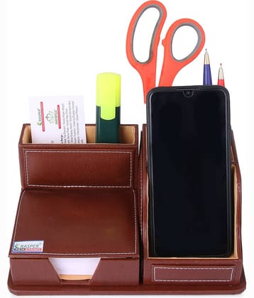 Rasper Brown Genuine Leather Multipurpose Desk Organizer With Memo Pad Holder & Mobile Stand For Office Desk Table Top Stand With Card Holder Pen Stand Stationery Organizer (9x6 Inches)