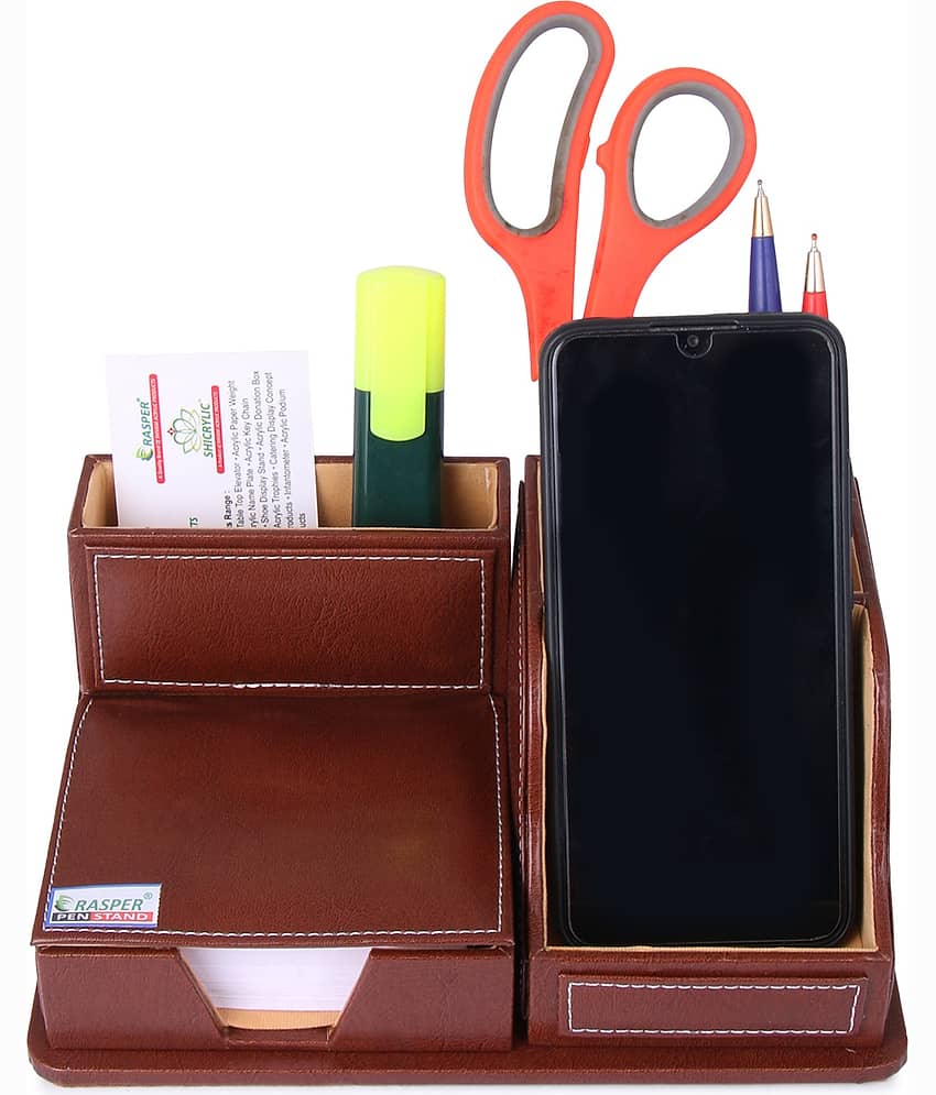 Rasper Brown Genuine Leather Multipurpose Desk Organizer With Memo Pad Holder & Mobile Stand For Office Desk Table Top Stand With Card Holder Pen Stand Stationery Organizer (9x6 Inches)
