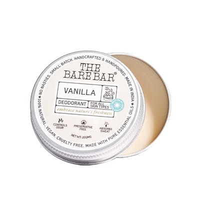 The Bare Bar Vanilla Deodorant - 20 gm | Sweet Fragrance| Odor & Sweat Control |Gentle, Natural formula and Chemical free| Good for all skin types | Travel Mini Size Solid Deodorant for Men & Women The Bare Bar Vanilla Deodorant - 20 gm | Sweet Fragrance