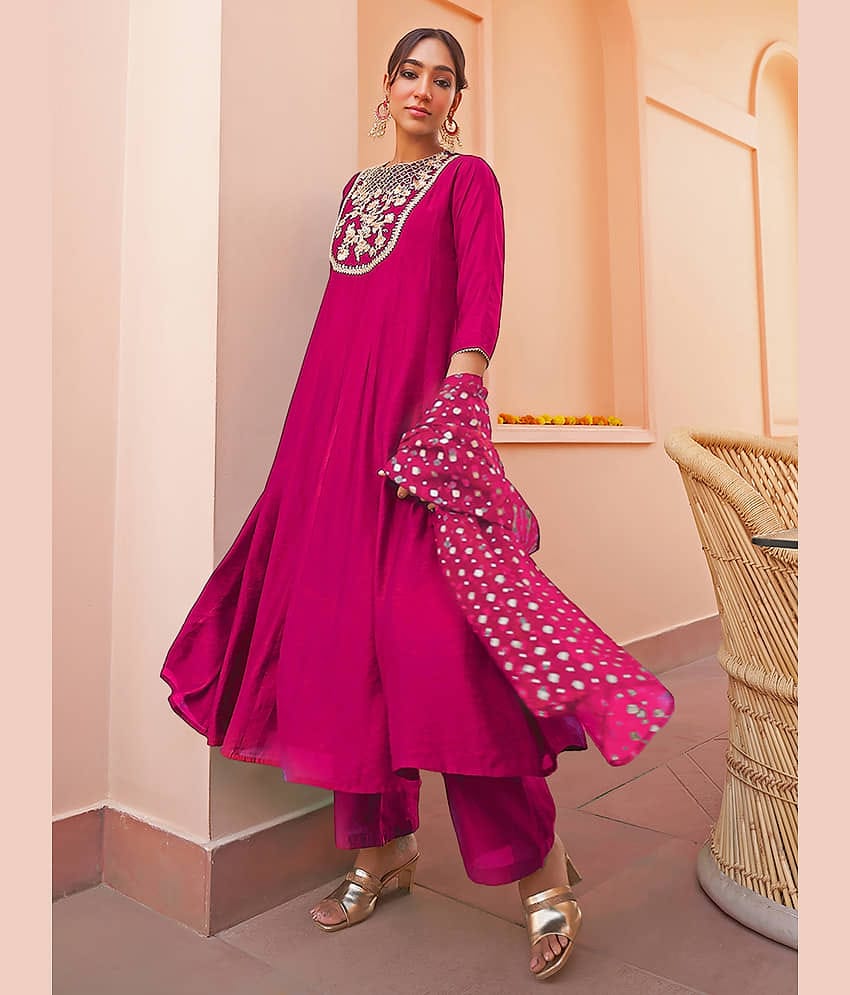 Janasya Chanderi Solid Kurti With Pants Women's Stitched Salwar Suit - Pink ( Pack of 1 )