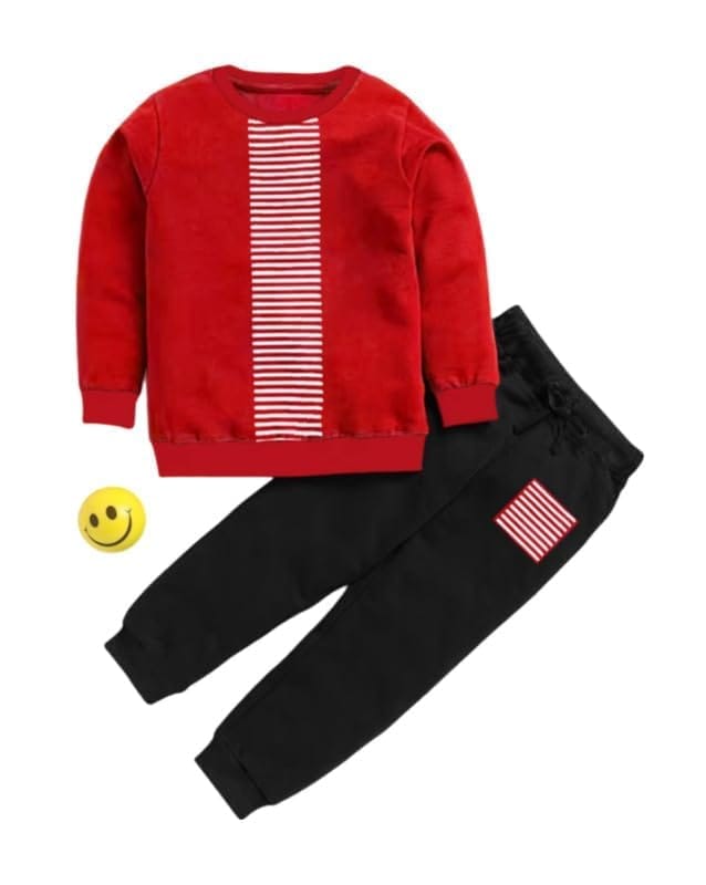 Boy's Casual Full Sleeve Printed Cotton T Shirt With Pant (Red, 7-8-Yrs)-PID49326
