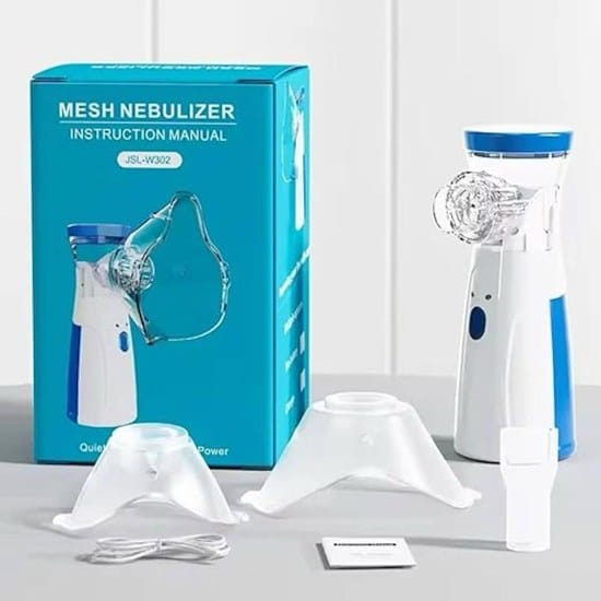 WUGO::Portable Handheld Mesh Nebulizer Machine with 2 Masks, 1 Mouth piece & Usb, Personal Inhalers For Breathing Problems Lightweight, Cool Mist Inhailer for Cold & Cough, Travel Friendly Nebulizer For Adults & Kids (White)