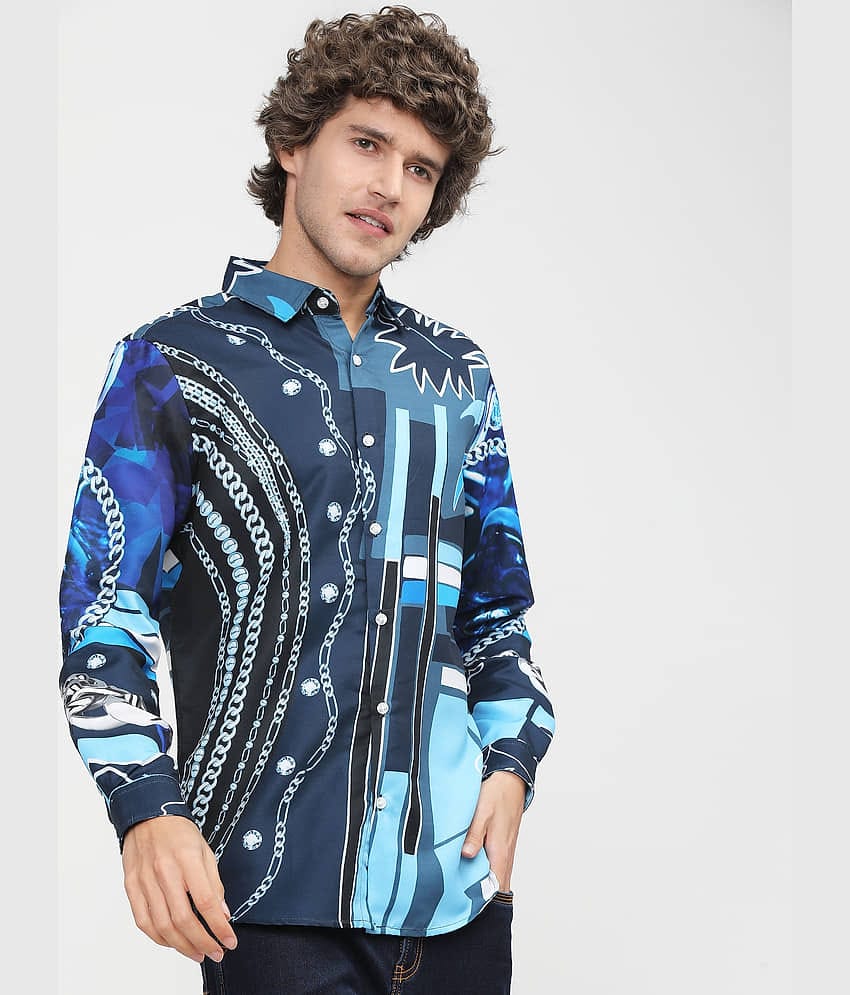 Highlander Polyester Slim Fit Printed Full Sleeves Men's Casual Shirt - Navy Blue ( Pack of 1 )