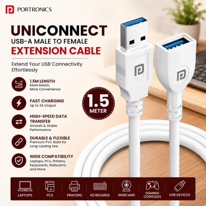 Portronics Uniconnect 1.5 Meter USB Extension Cable | USB Type-A Male to Female Extension Cord | Fast Data Transfer & Charging | Durable PVC USB Extender for Laptop, PC, Printer, Keyboard, Mouse, Webcam & USB Devices (Random Color| 1.5 Meter)