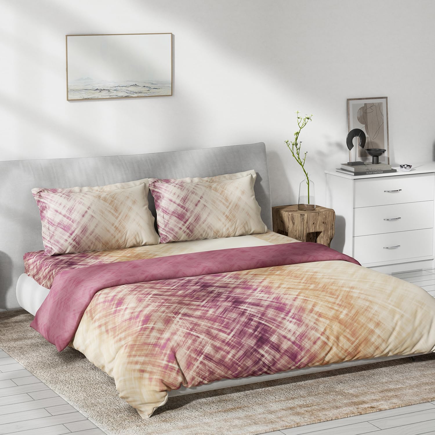 DDECOR - Primary Collection 100% Cotton Abstract Pattern 145TC King Bedsheet |254 CM X 274 CM|, Quilt and with 2 Pillow Covers - Wine