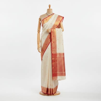 Off-White Traditional Saree with Red Zari Border