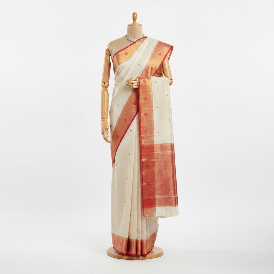 Off-White Traditional Saree with Red Zari Border