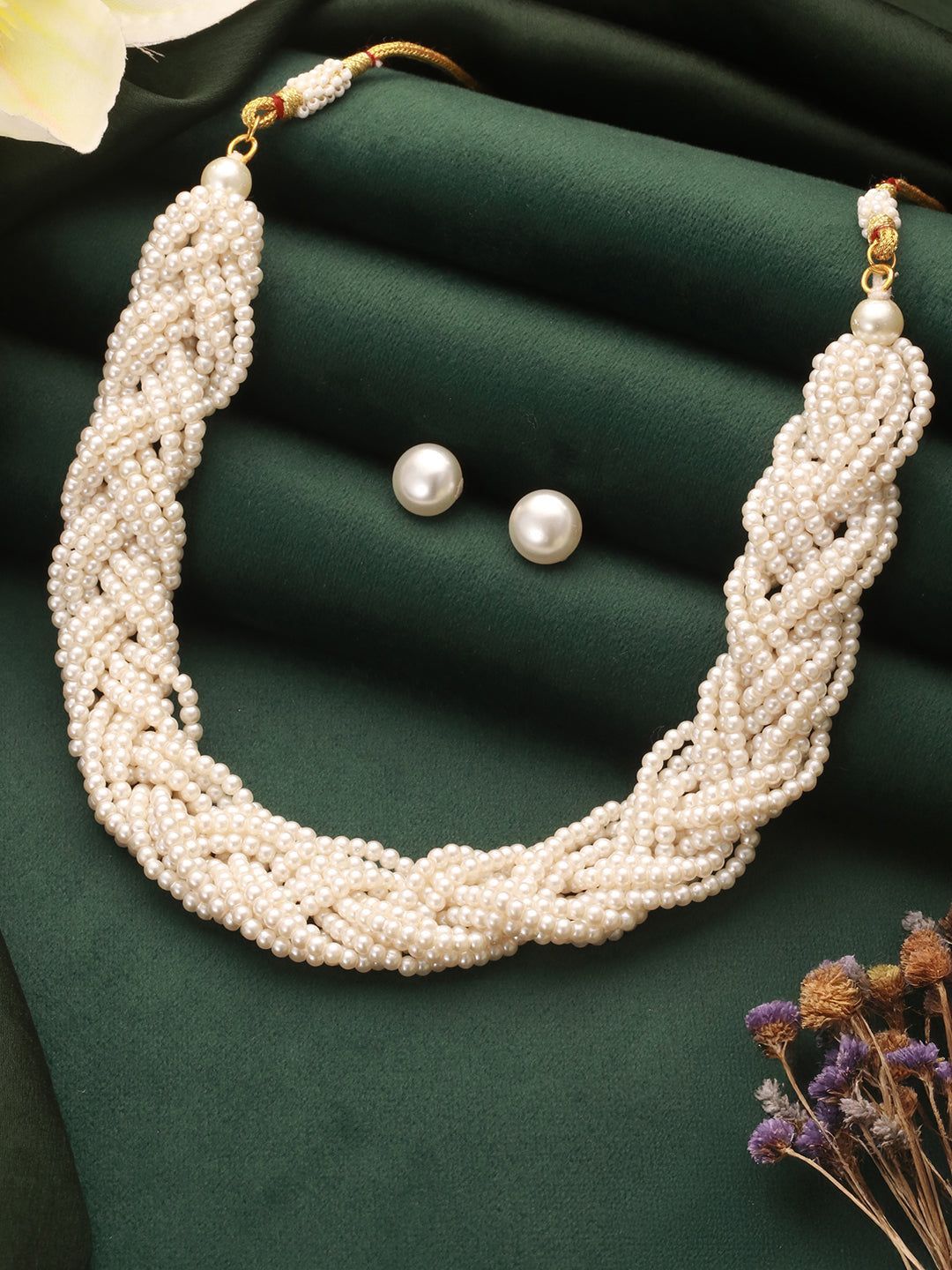 Multi Layered Pearls Braided Choker Jewelry Set