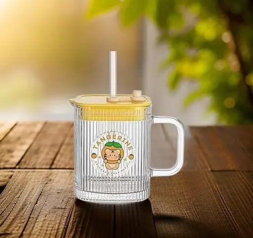 Drinking Glasses 400 ML Coffee Mugs with Handle Lid and Straw Tumbler Travel Sipper Cup for Milk Juice Cocktail Iced Tea Hot Cold Drink Kids Cup (Set of 1) Multi-Colour
