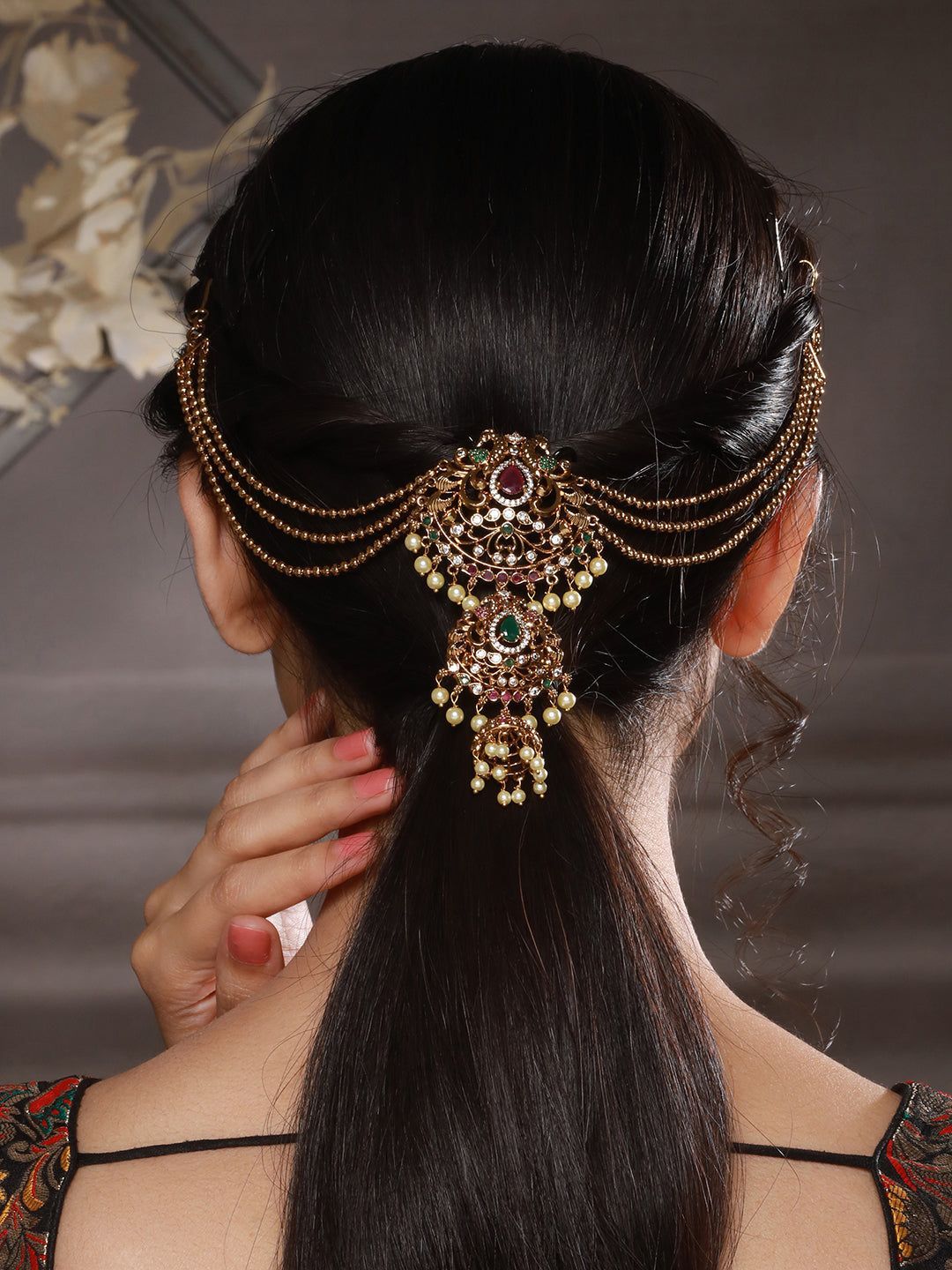 Gold Plated Kempo Studded & Pearl Beaded Floral Layered Chain Jadai Billai Hair BroochMathapati