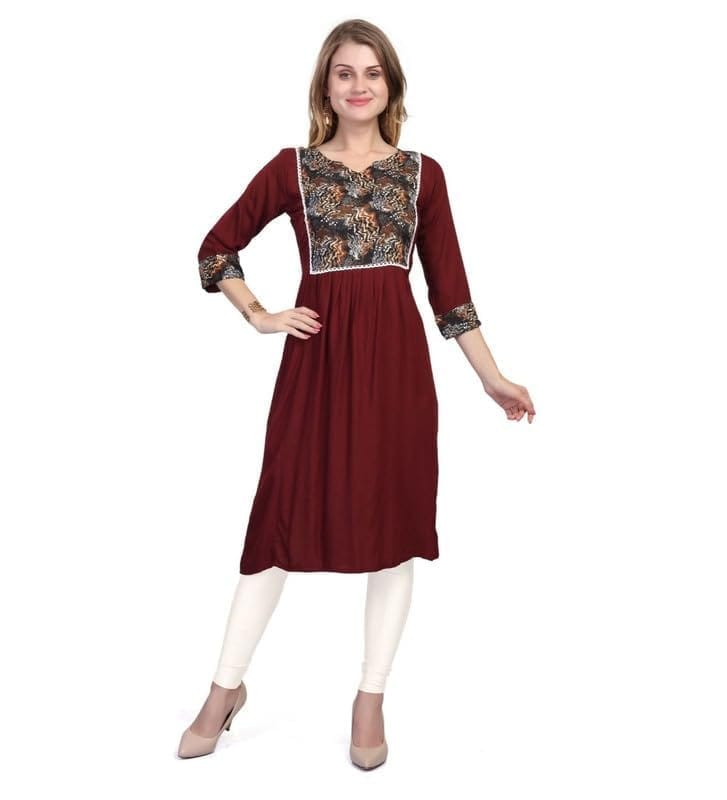 Women's Casual 3/4 Sleeve Viscose Rayon Printed Kurti (Brown, 2XL)-PID46381